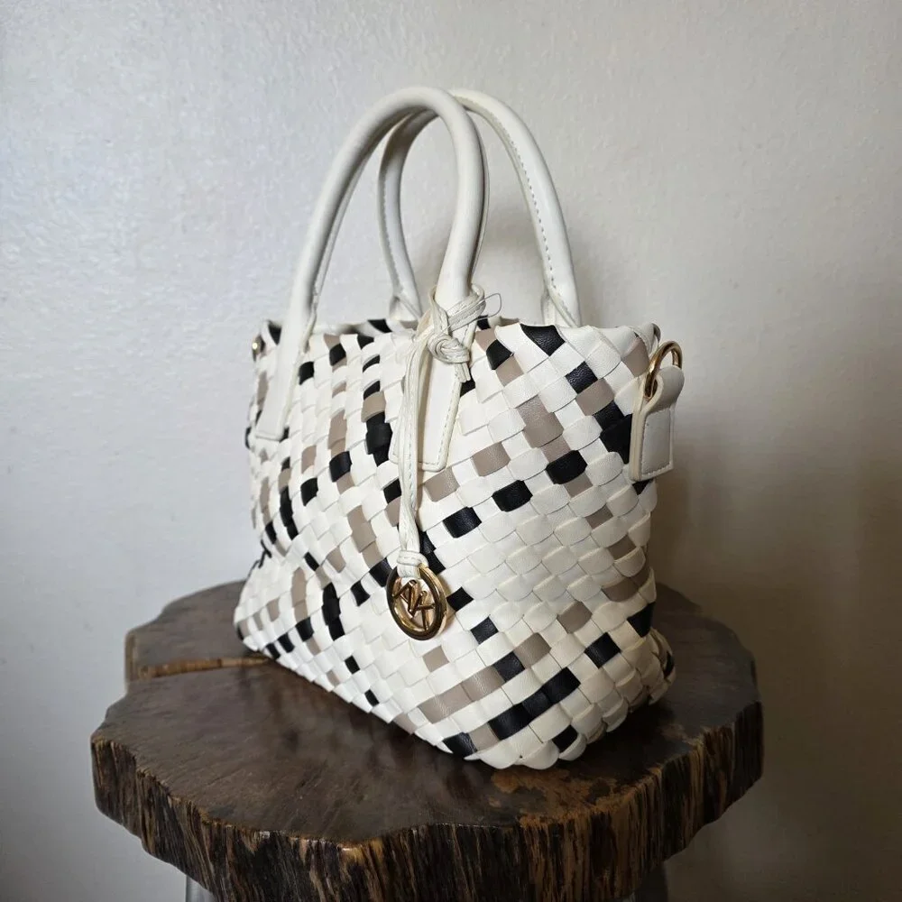 Satchel Tote Cream Black Neutral Top Handle Bag - Picture 8 of 16